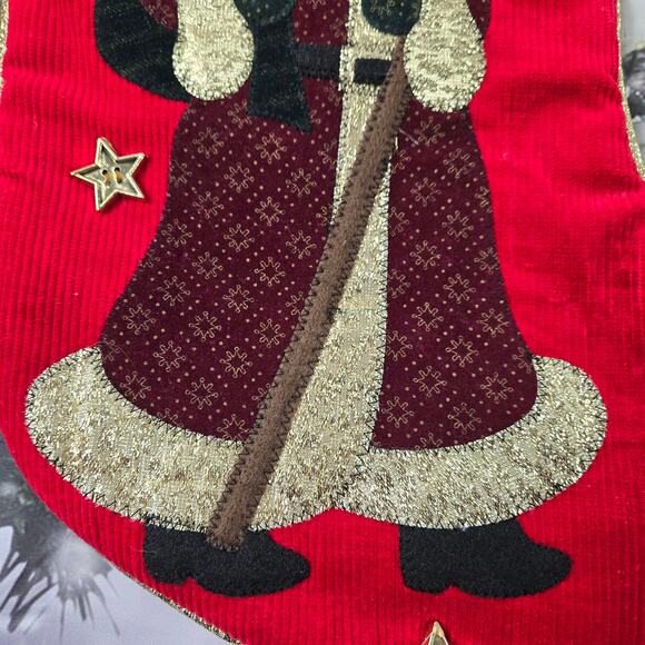 Vintage Old World Santa Red Corduroy Christmas Stocking Applique Star Buttons - Picture 9 of 13